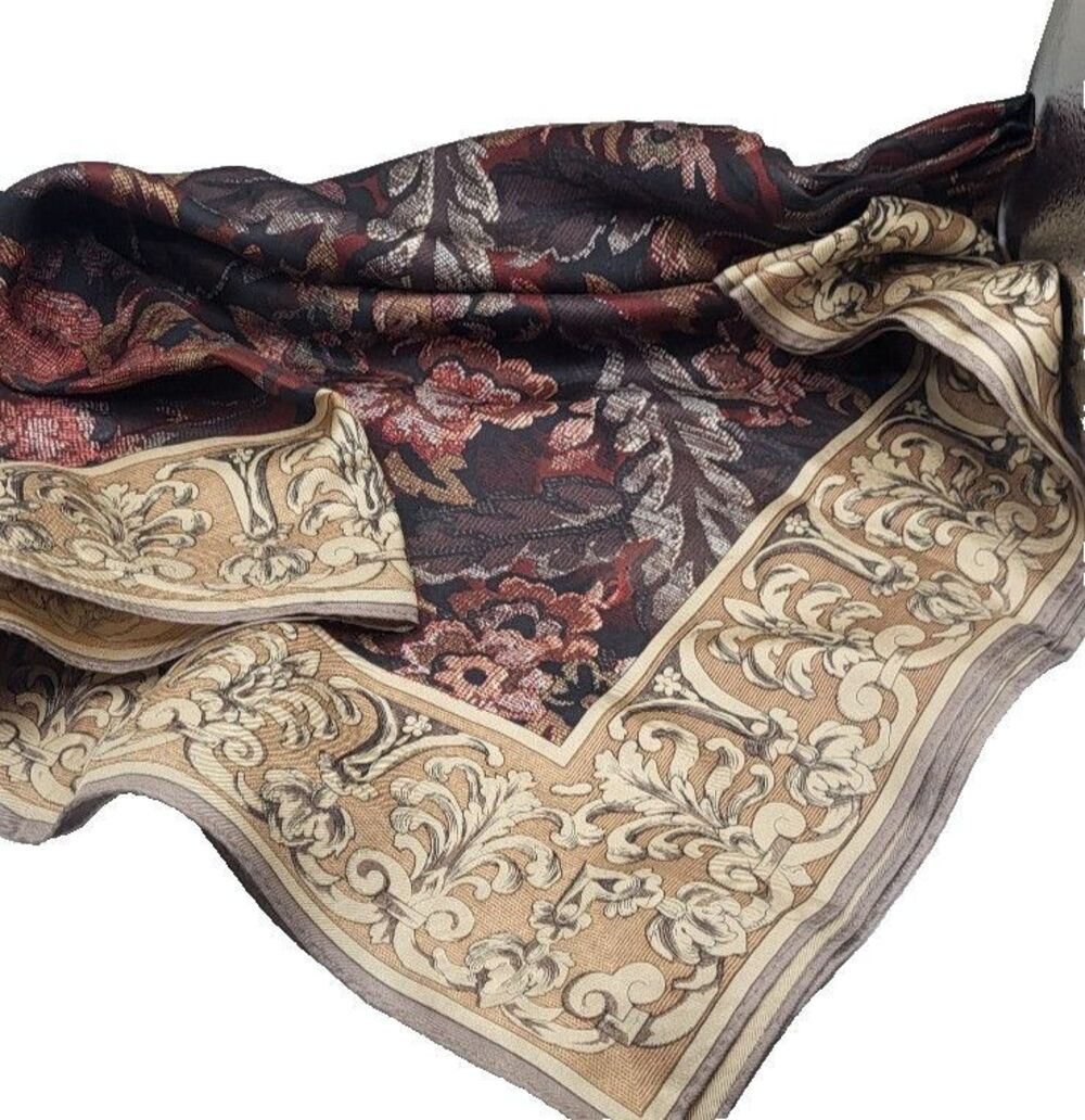 Elegant Tapestry Pattern Square Scarf Paisley Scroll Accent 100% Silk Brown 30in